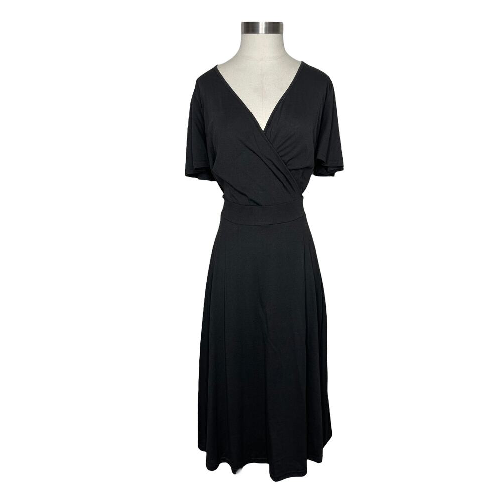 Pinup Fashion Black Faux Wrap Dress Plus Size 18W  V-Neck Fit and Flare Midi